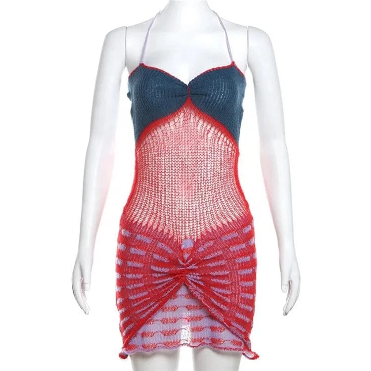 Summer Hollow Out Panelled Kint Short Dress Beach Clothes Women 2024 Sexy Backless Halter Booty Dress