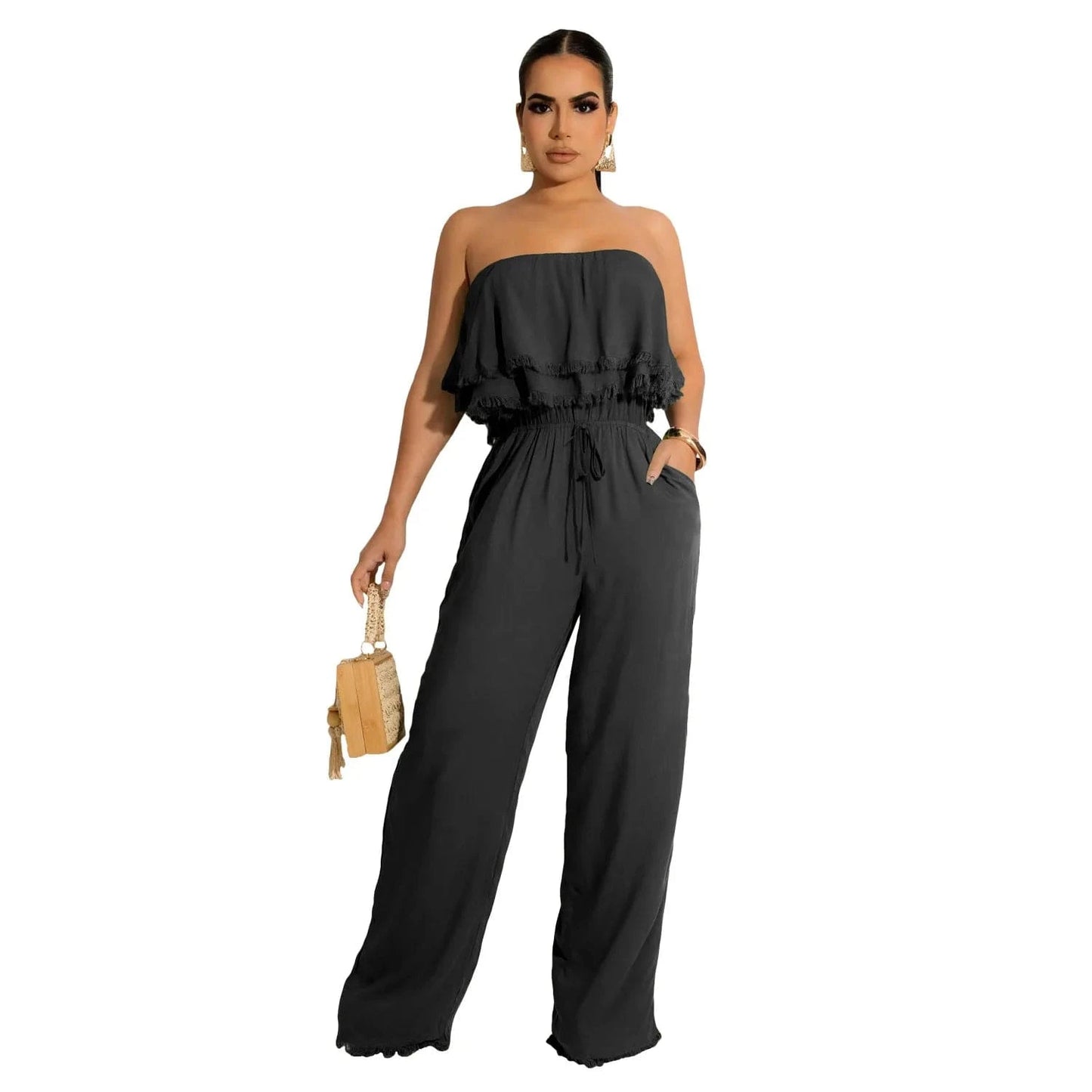 Summer jumpsuit women's casual wrap chest ruffle jumpsuit 2024 elegant office ladies work casual bodysuits