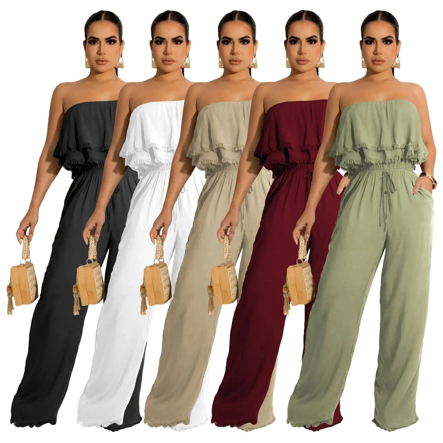 Summer jumpsuit women's casual wrap chest ruffle jumpsuit 2024 elegant office ladies work casual bodysuits