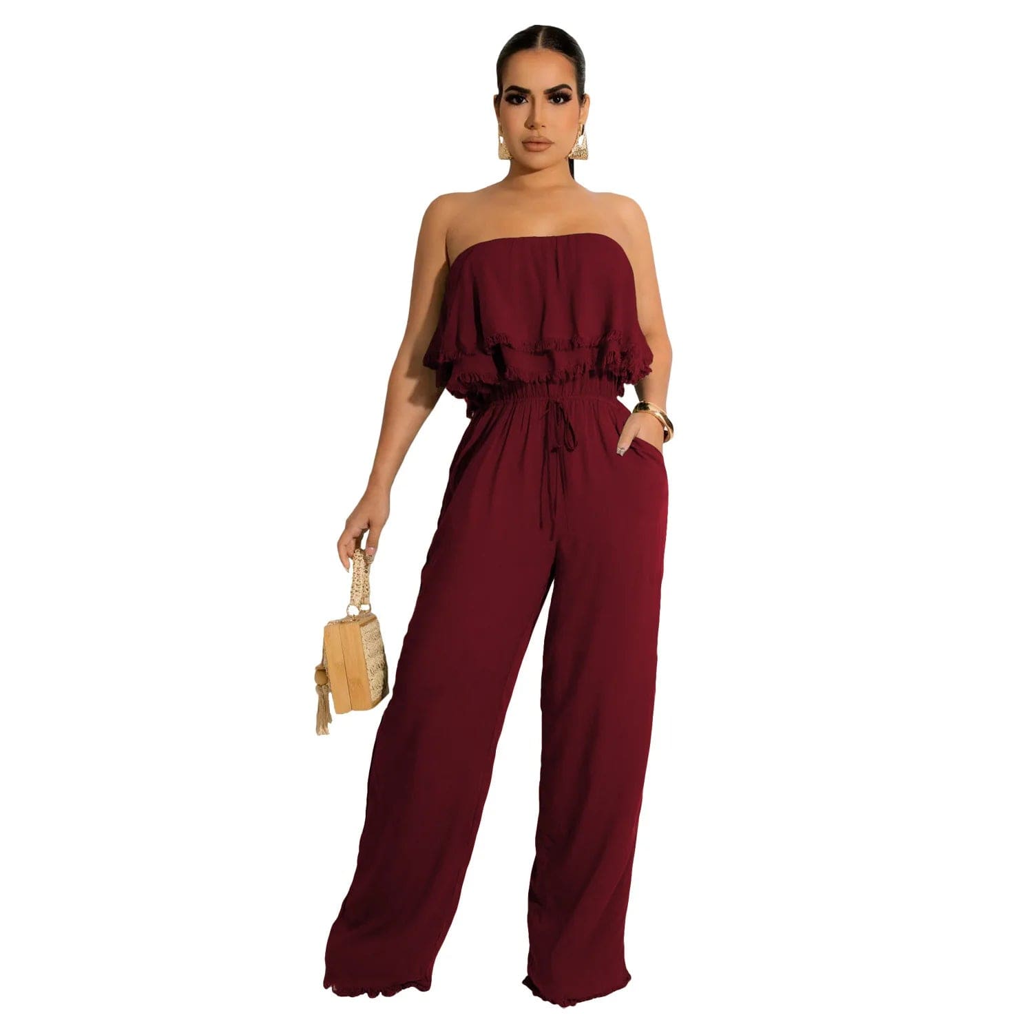 Summer jumpsuit women's casual wrap chest ruffle jumpsuit 2024 elegant office ladies work casual bodysuits