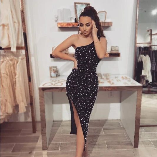 Summer Ladies Black Single Shoulder Beaded Sexy Open Thin vestido cortos Bandage Dress