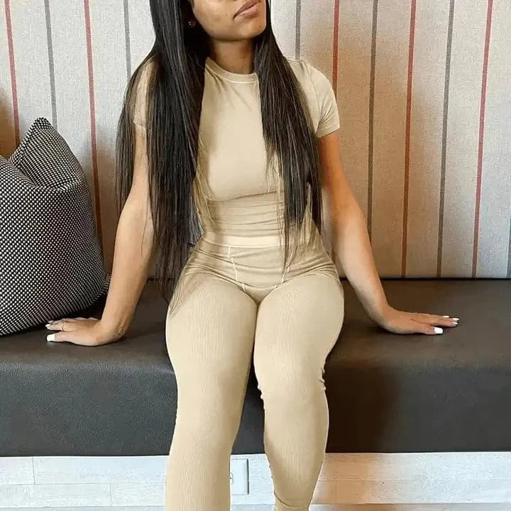 Summer Lounge Wear Ladies Knitted Short Sleeves Pant Two Piece Ribbed Set 2024 Loungewear Leggings Fitness Women Lounge Wear