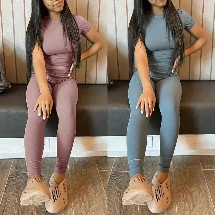 Summer Lounge Wear Ladies Knitted Short Sleeves Pant Two Piece Ribbed Set 2024 Loungewear Leggings Fitness Women Lounge Wear