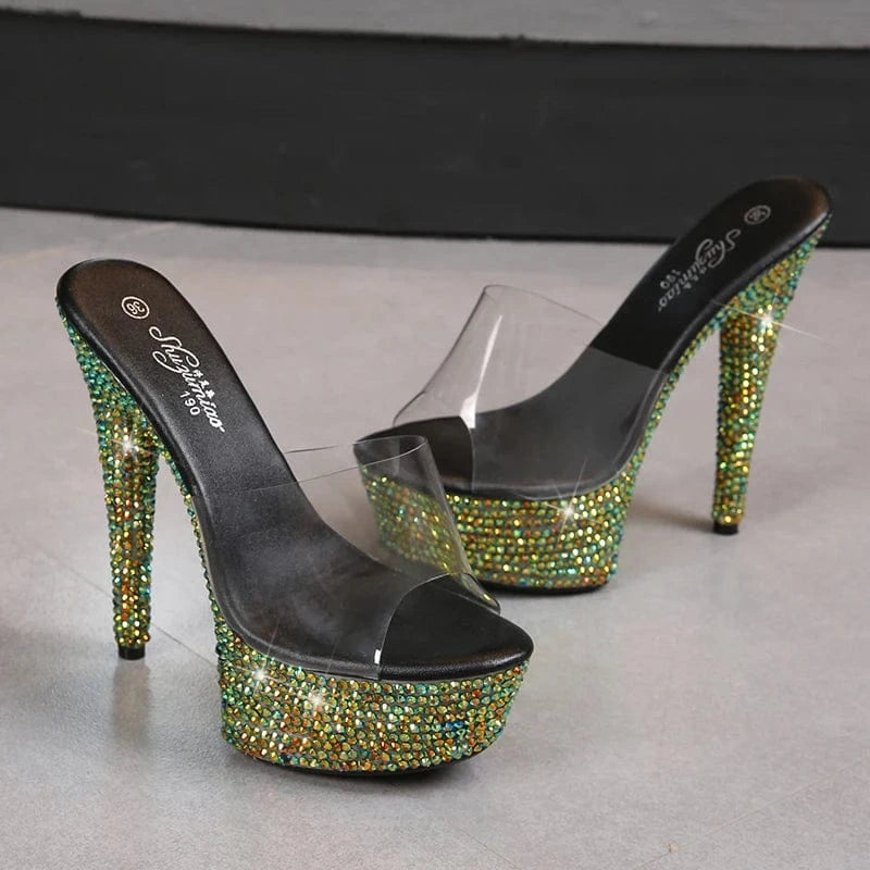 Summer Luxury Heeled Sandals Ladies Shoe 13 CM Strippers High Heels Diamond Platform Slippers for Women