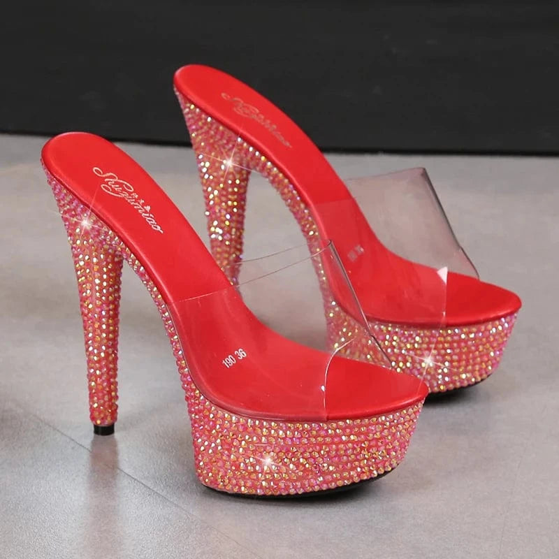 Summer Luxury Heeled Sandals Ladies Shoe 13 CM Strippers High Heels Diamond Platform Slippers for Women