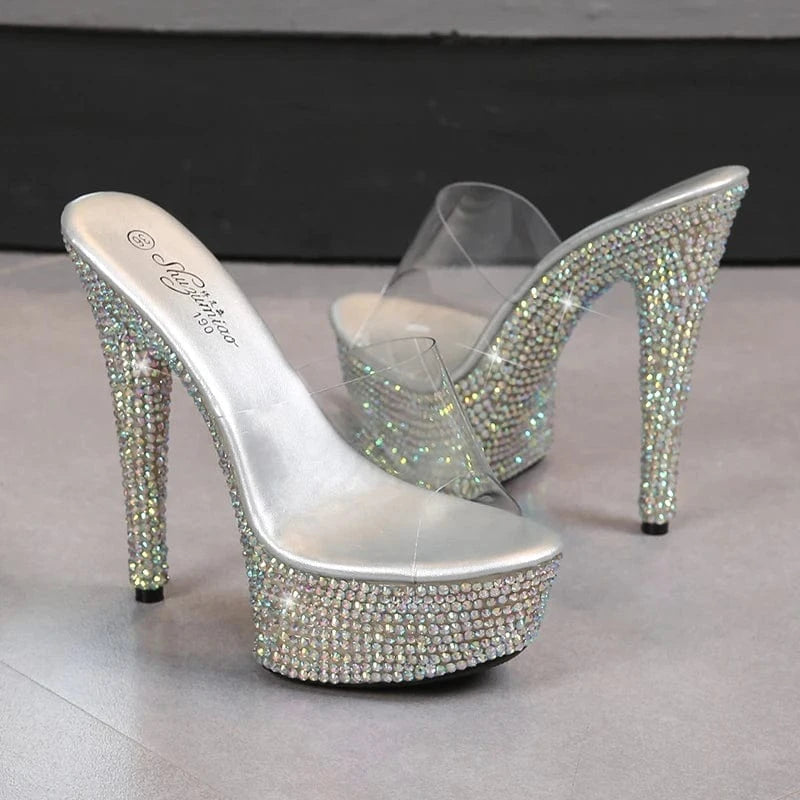Summer Luxury Heeled Sandals Ladies Shoe 13 CM Strippers High Heels Diamond Platform Slippers for Women
