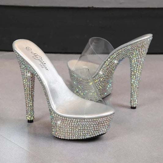 Summer Luxury Heeled Sandals Ladies Shoe 13 CM Strippers High Heels Diamond Platform Slippers for Women