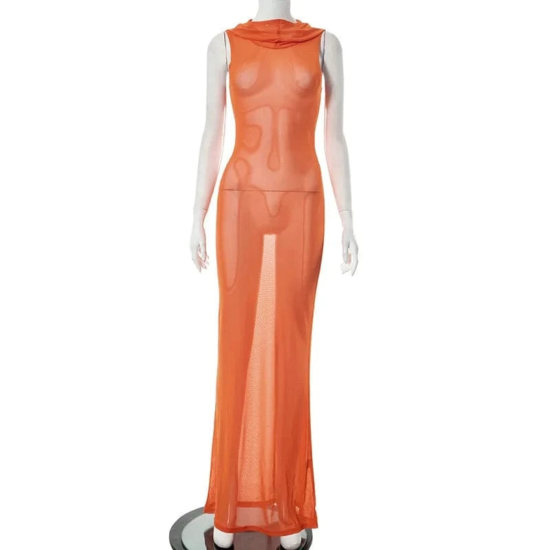 Summer Maxi See Through Woman Hoodie Dress Mesh club Sexy Dresses Women Night Bodycon Sleeveless Long Dress