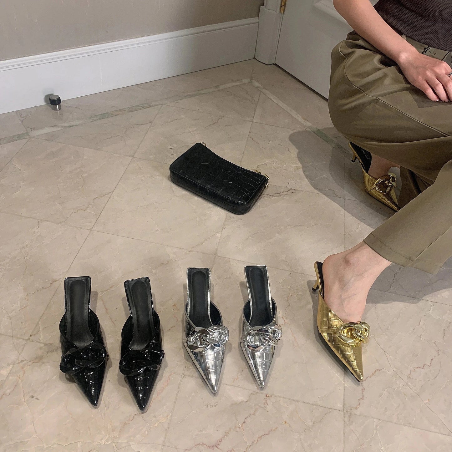 Summer metal buckle decoration with special stone pattern Pu pointed Baotou stiletto slippers