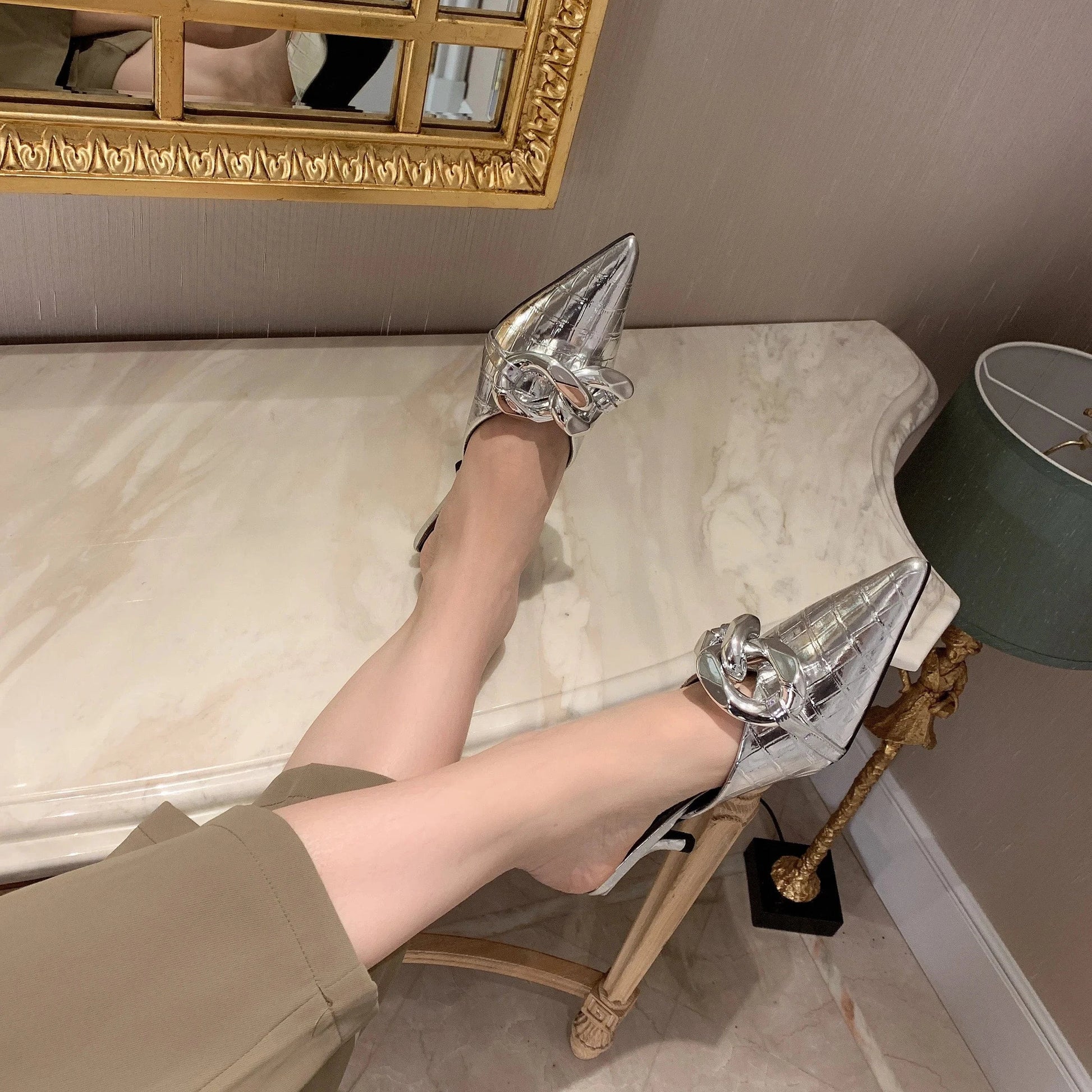 Summer metal buckle decoration with special stone pattern Pu pointed Baotou stiletto slippers