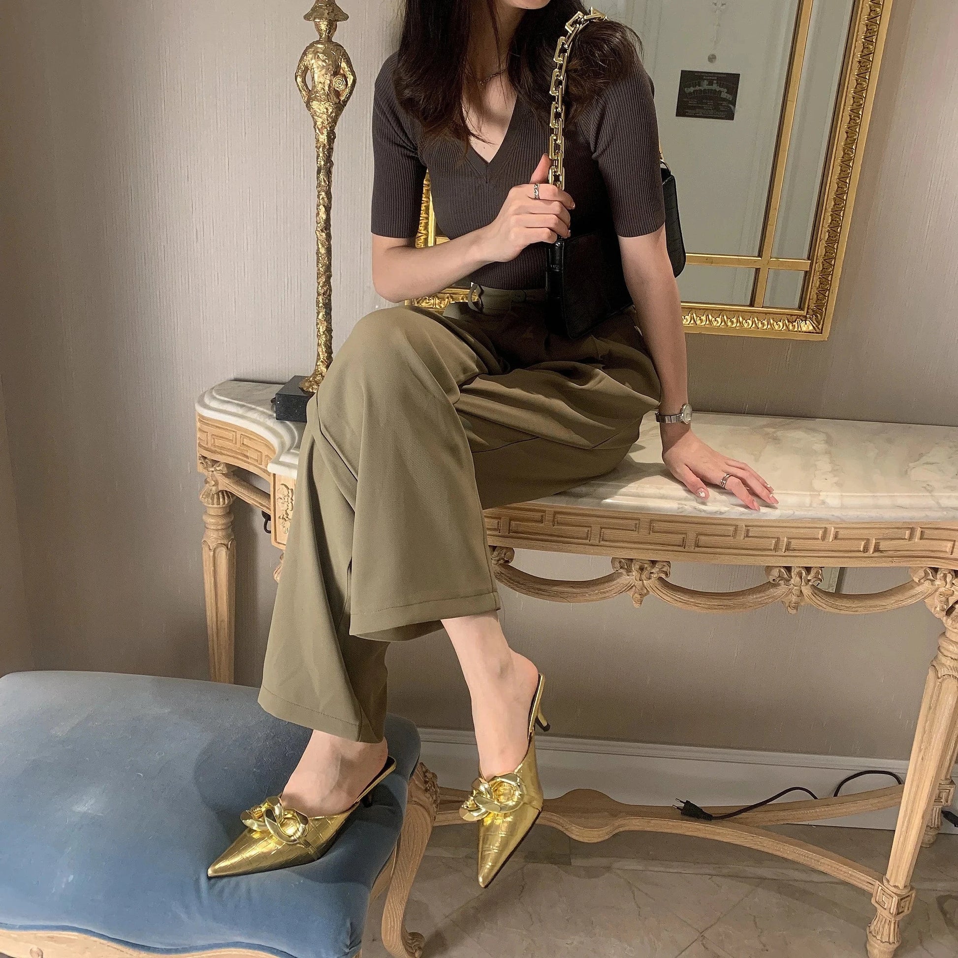 Summer metal buckle decoration with special stone pattern Pu pointed Baotou stiletto slippers