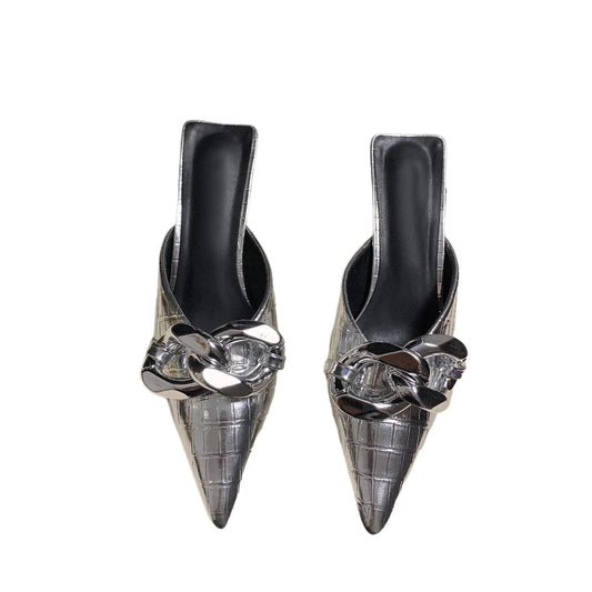 Summer metal buckle decoration with special stone pattern Pu pointed Baotou stiletto slippers