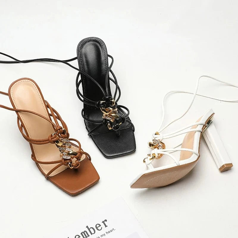 Summer Metal Chain Crystal Ankle Strap Solid color Lace-Up Gladiator Flip Flop Toe Thin High heel Shoes 35-42 Women Sandals