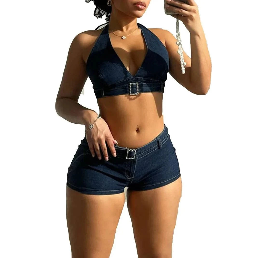 Summer New Design Blue Sexy Crop Halter Top Y2k Low Waist Mini Shorts 2024 Women 2 Piece Denim Sets