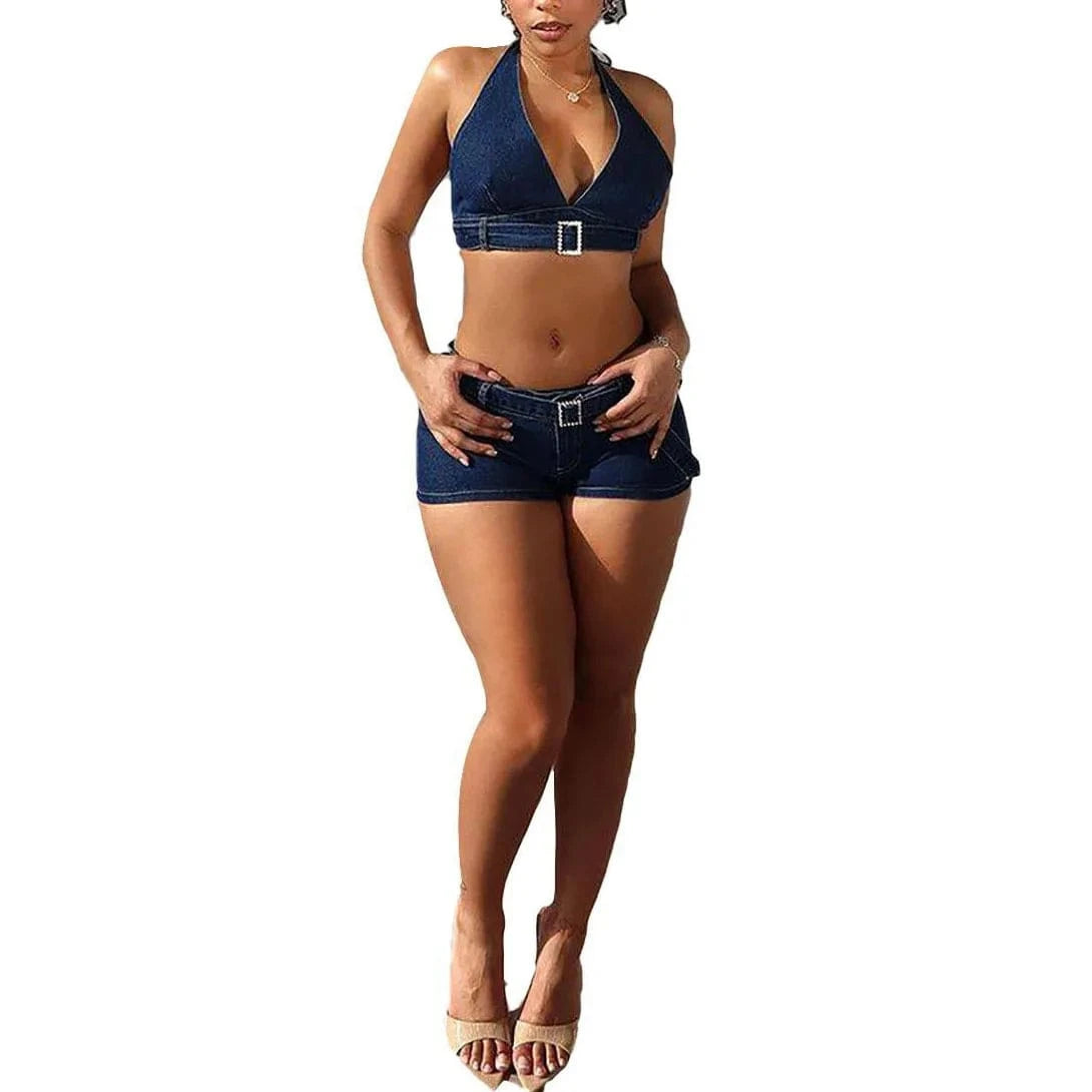 Summer New Design Blue Sexy Crop Halter Top Y2k Low Waist Mini Shorts 2024 Women 2 Piece Denim Sets