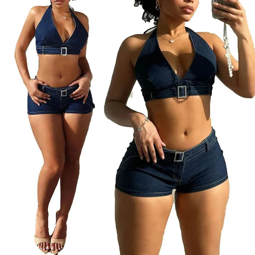 Summer New Design Blue Sexy Crop Halter Top Y2k Low Waist Mini Shorts 2024 Women 2 Piece Denim Sets