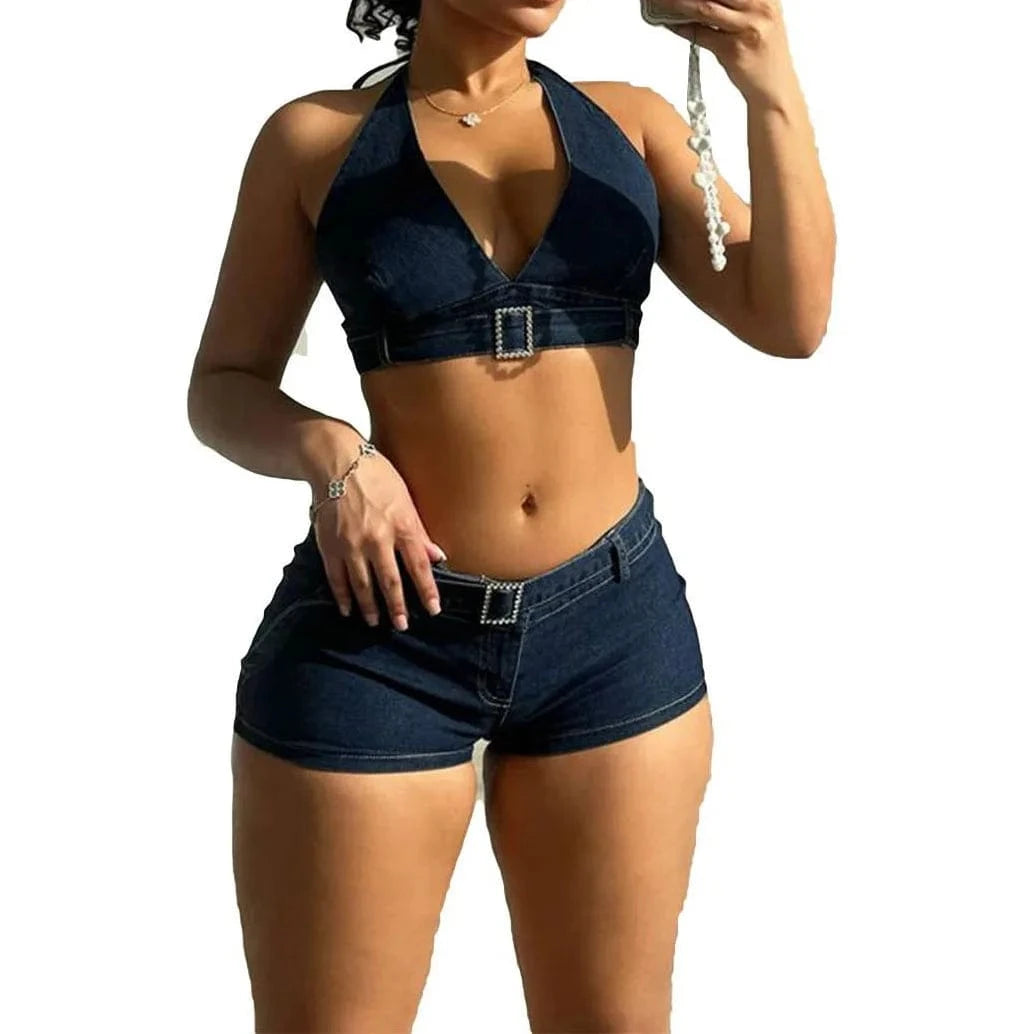 Summer New Design Blue Sexy Crop Halter Top Y2k Low Waist Mini Shorts 2024 Women 2 Piece Denim Sets