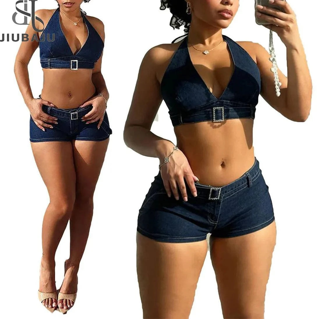 Summer New Design Blue Sexy Crop Halter Top Y2k Low Waist Mini Shorts 2024 Women 2 Piece Denim Sets