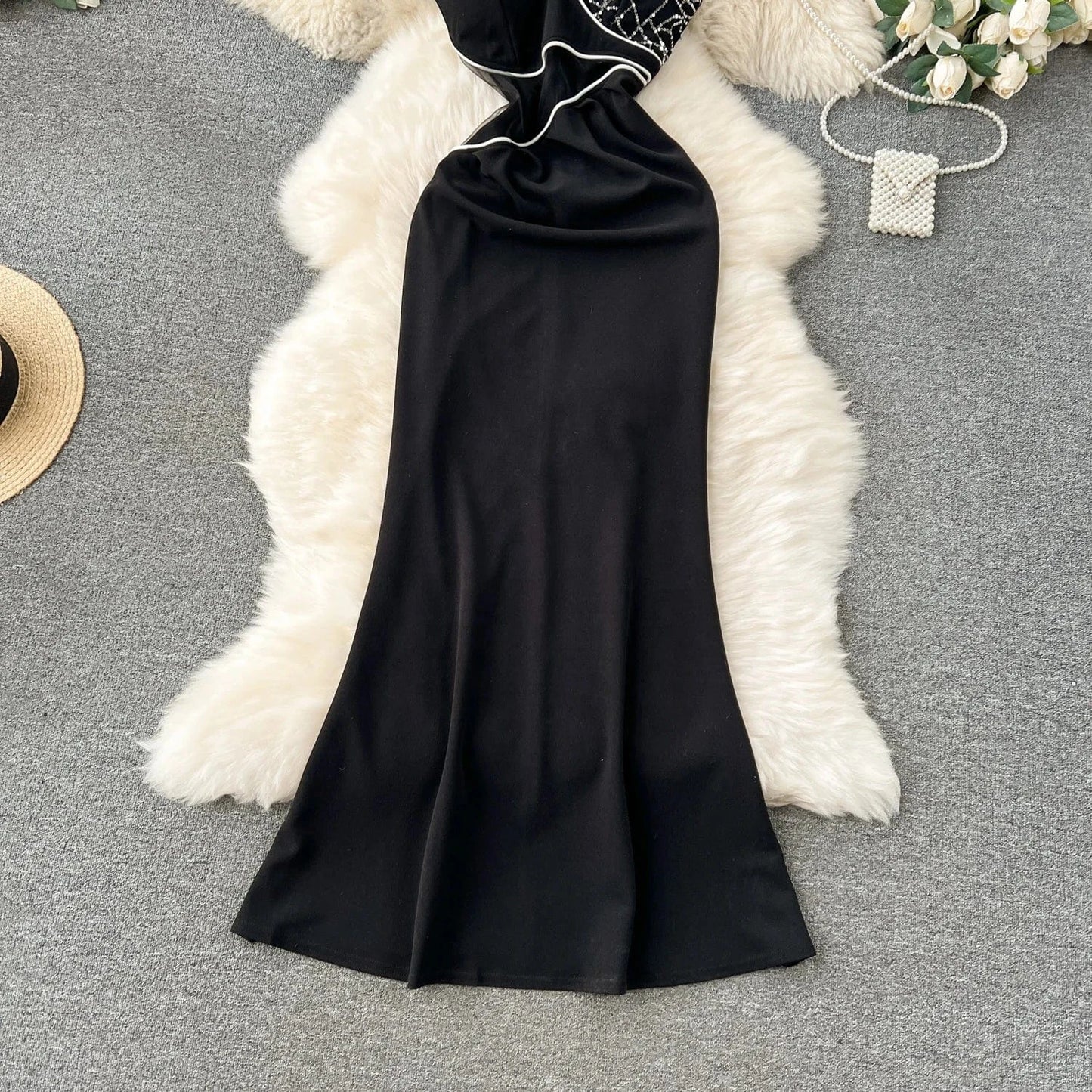 Summer New Elegant Dress Heavy Industry Beads Stitching Fashion Short Sleeve Dress Slimming Slit Sheath Sexy Dress