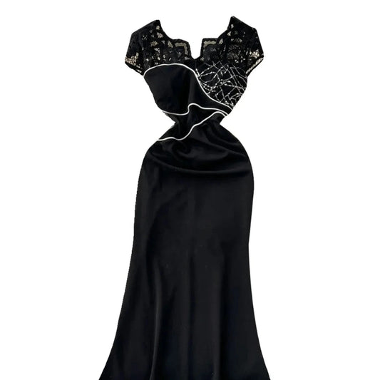 Summer New Elegant Dress Heavy Industry Beads Stitching Fashion Short Sleeve Dress Slimming Slit Sheath Sexy Dress