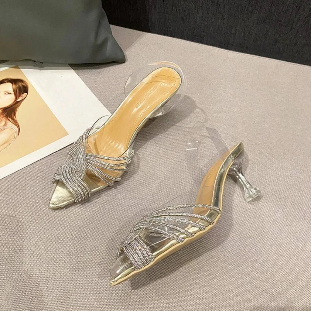 Summer New Fashion Transparent Sparkling Rhinestone Pointed Stiletto Sexy Temperament Crystal High-heeled Sandals