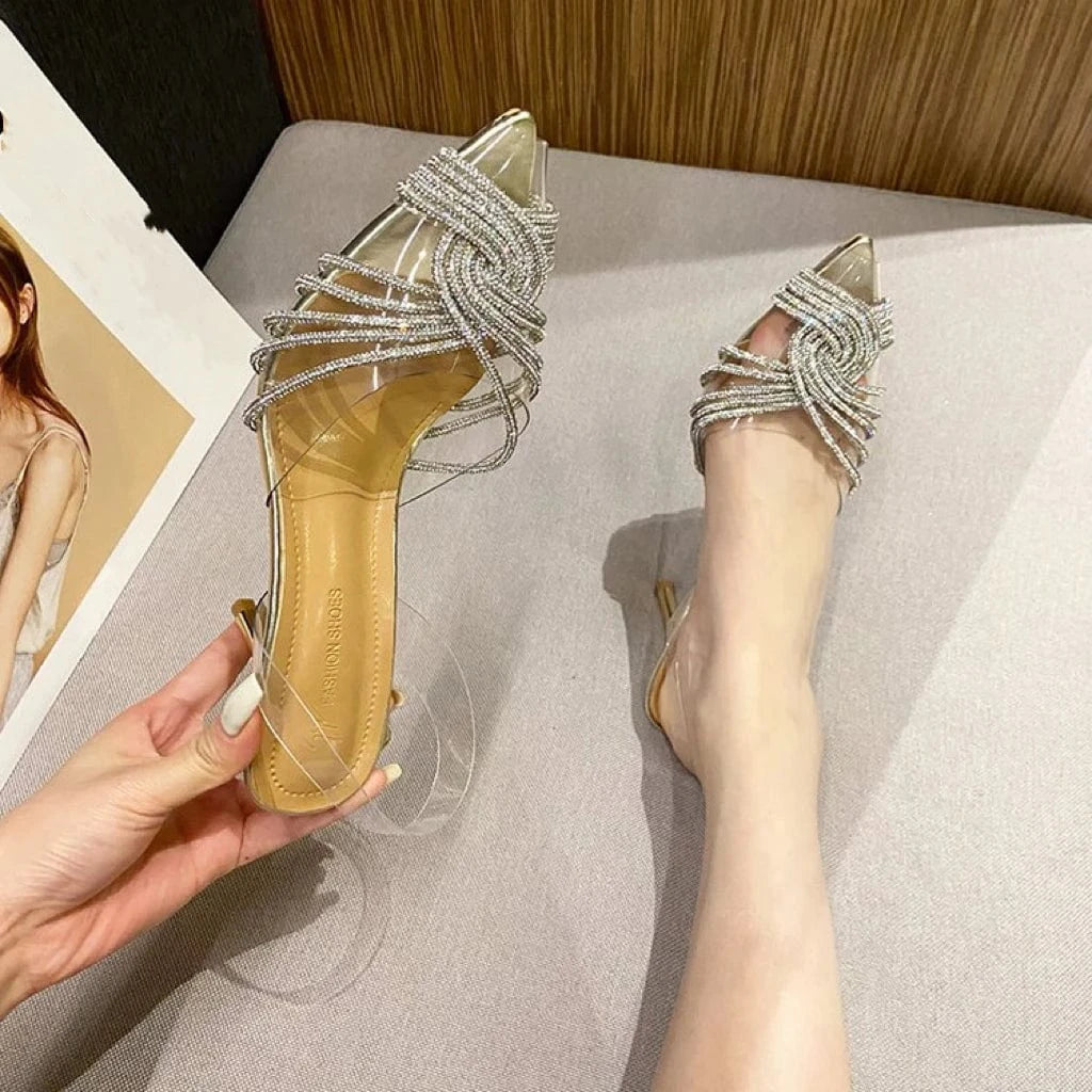Summer New Fashion Transparent Sparkling Rhinestone Pointed Stiletto Sexy Temperament Crystal High-heeled Sandals