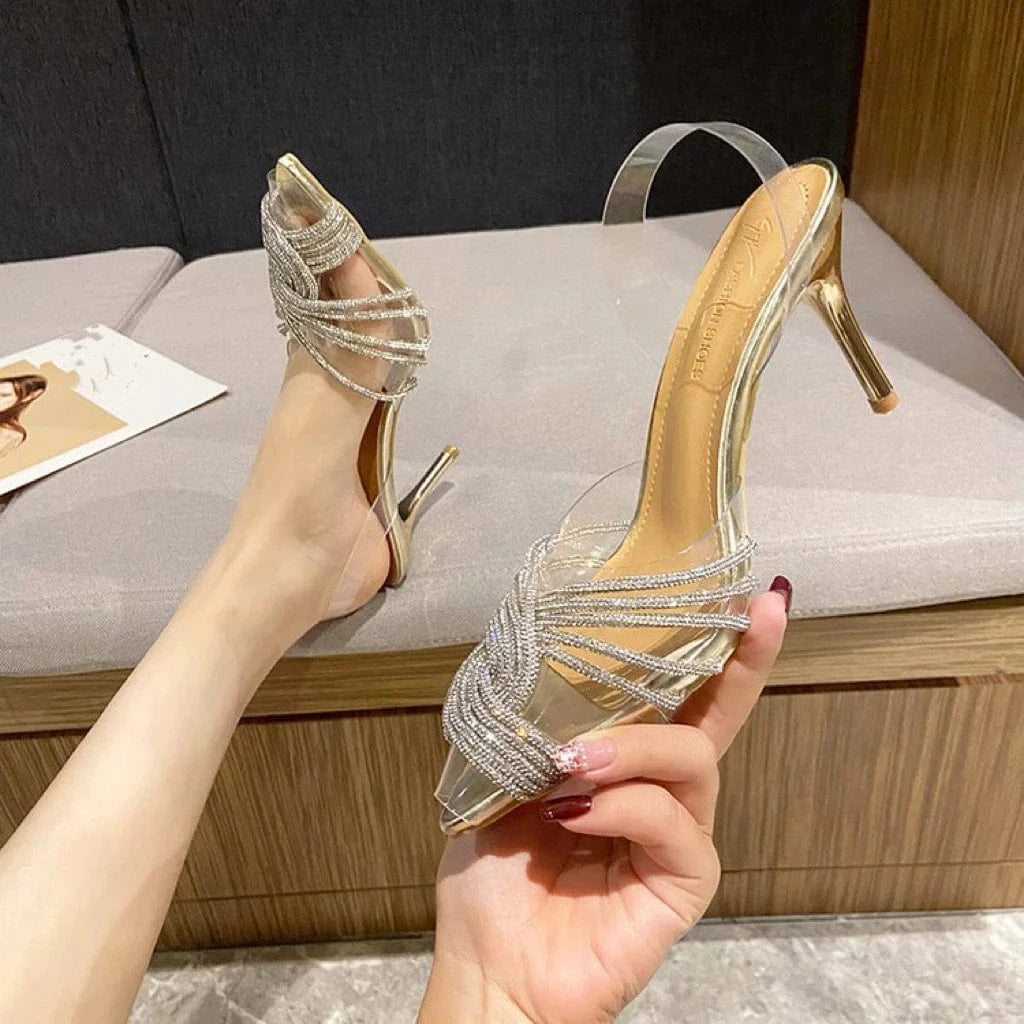 Summer New Fashion Transparent Sparkling Rhinestone Pointed Stiletto Sexy Temperament Crystal High-heeled Sandals