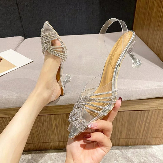 Summer New Fashion Transparent Sparkling Rhinestone Pointed Stiletto Sexy Temperament Crystal High-heeled Sandals