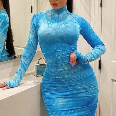 Summer new style women's sexy dresses round neck long sleeve dresses printed dress for women