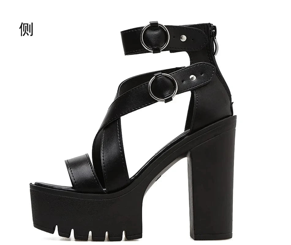 Summer new super high heel cross strap back zip open toe sandals party thick heel platform hollow women's Party Pumps