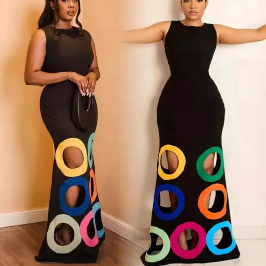 Summer new women clothing ladies elegant fashion round neck sleeveless color matching hollow embroidery women's A long dress