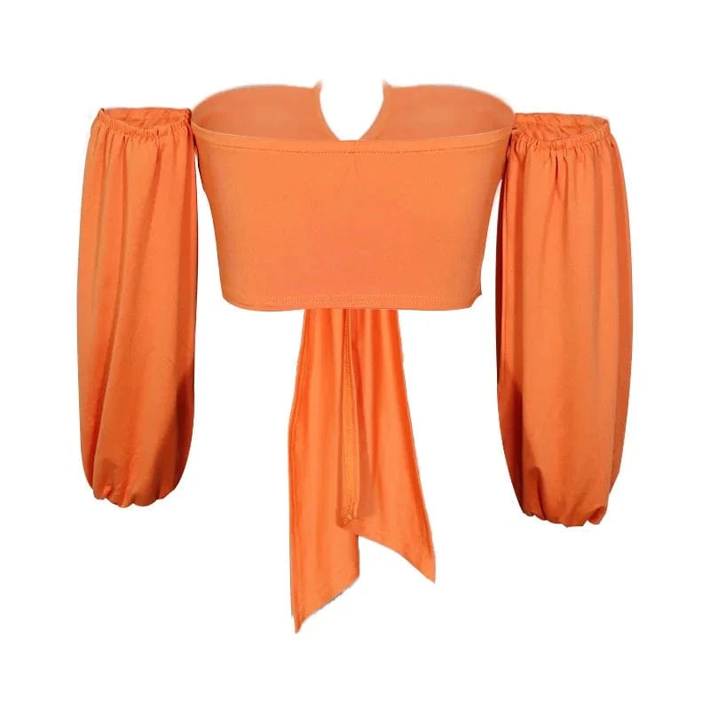 Summer off shoulder Women tops fashionable puff Long Sleeve Crop Tops elegant design Sexy Tie Front Crop Top