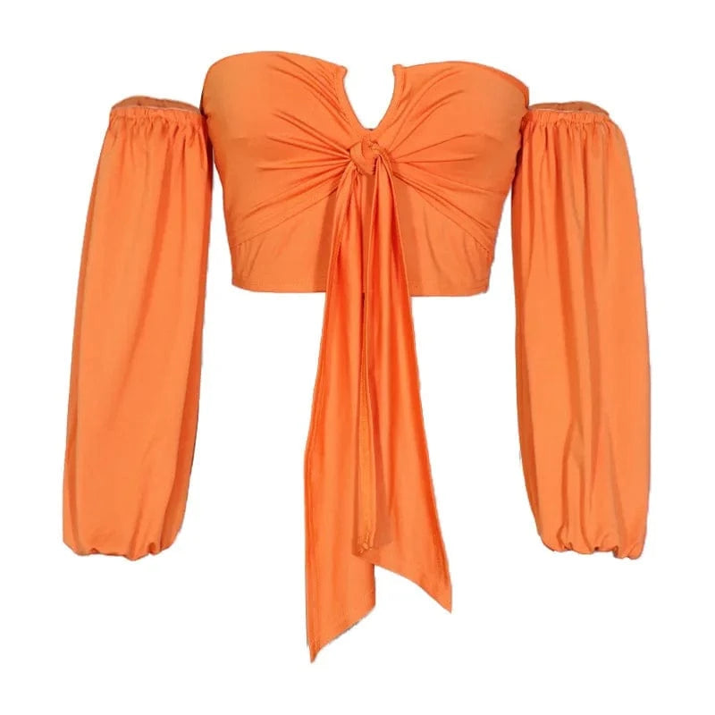 Summer off shoulder Women tops fashionable puff Long Sleeve Crop Tops elegant design Sexy Tie Front Crop Top