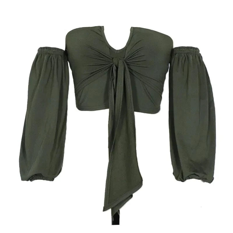 Summer off shoulder Women tops fashionable puff Long Sleeve Crop Tops elegant design Sexy Tie Front Crop Top