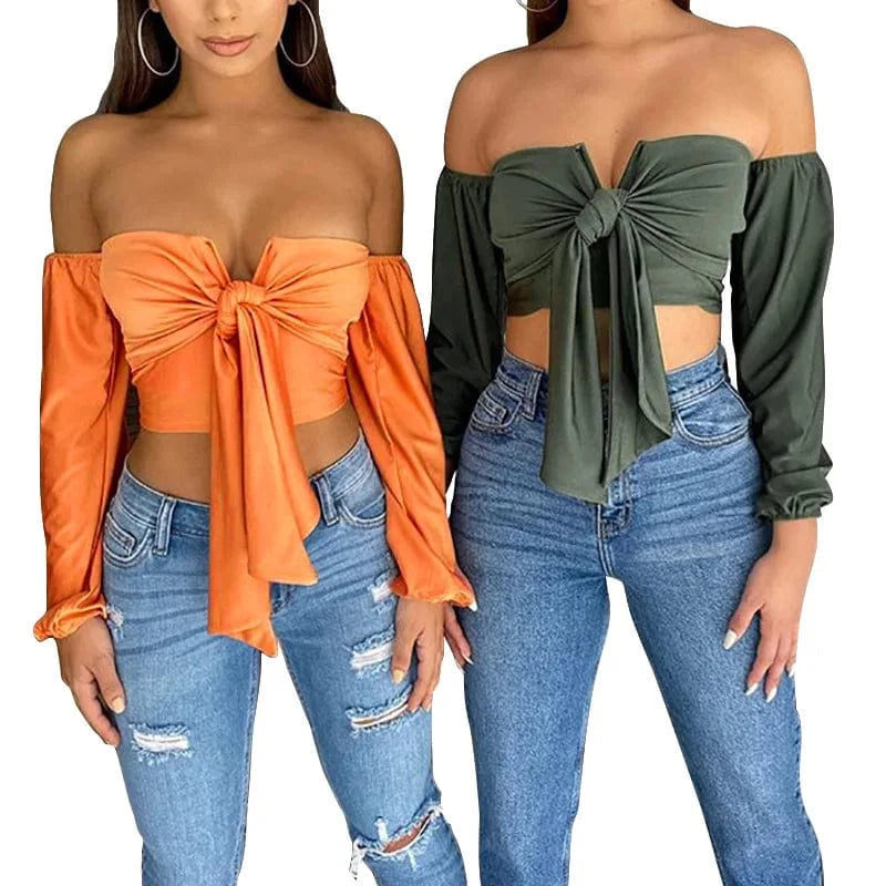 Summer off shoulder Women tops fashionable puff Long Sleeve Crop Tops elegant design Sexy Tie Front Crop Top