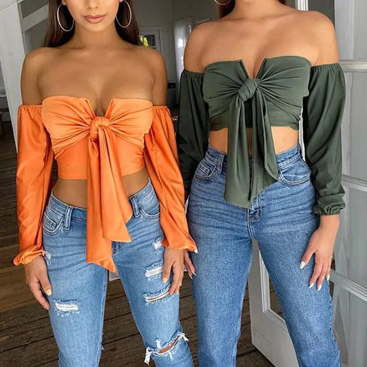Summer off shoulder Women tops fashionable puff Long Sleeve Crop Tops elegant design Sexy Tie Front Crop Top