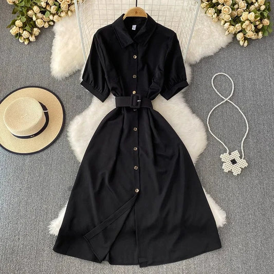 Summer Office Ladies Elegant Midi Dress Single-breasted Short Sleeve Shirt Dresses for Women With Belt New Fashion A-line Robes