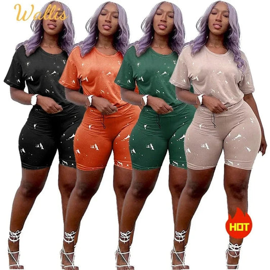 Summer Personality Womens Tracksuit Short Sleeve T-Shirts And Shorts Suit 2Pcs O Neck Cropped Tops Pajamas For Women