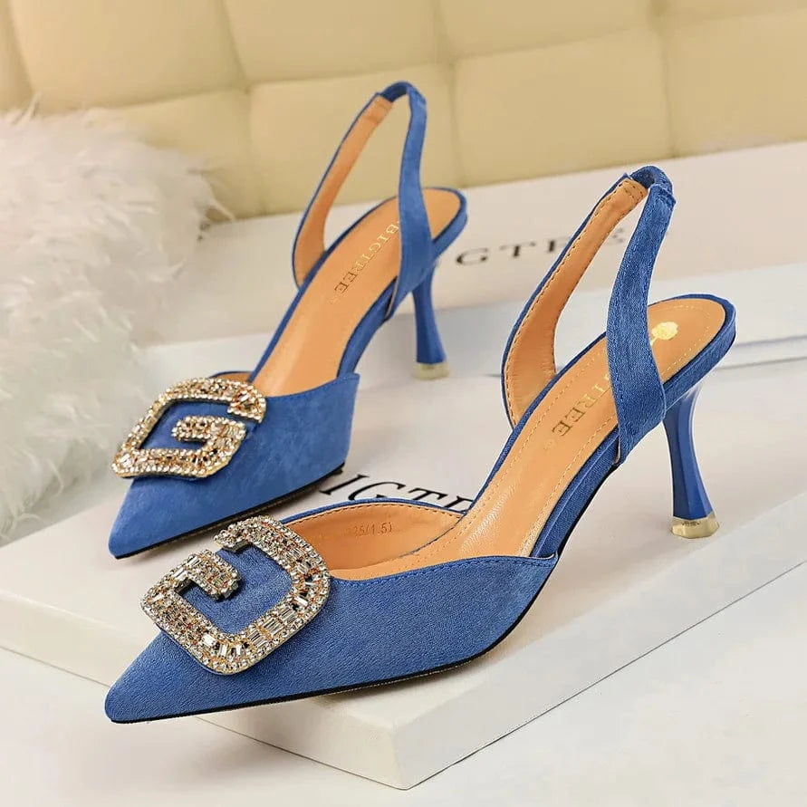 Summer Sandals Women Comfortable Metal Rhinestone Buckle Shoes Suede Pointed-toe Hollow Out High Heels Sandals For Ladies Dating
