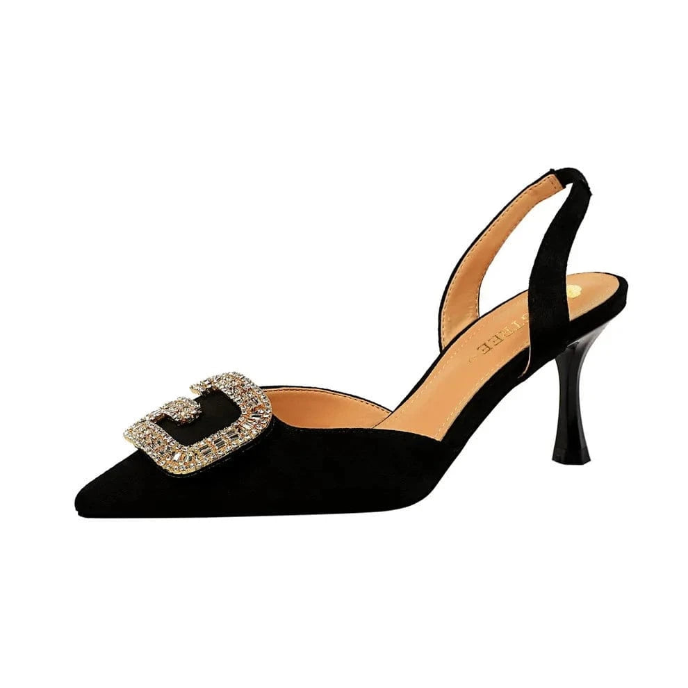 Summer Sandals Women Comfortable Metal Rhinestone Buckle Shoes Suede Pointed-toe Hollow Out High Heels Sandals For Ladies Dating