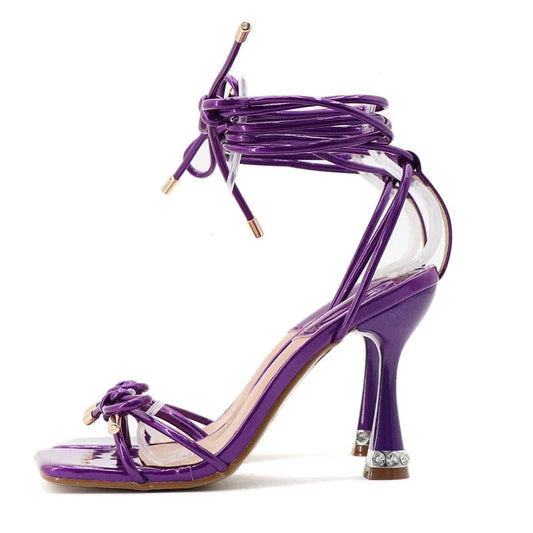 Summer Sandals Women Hot Sale Bowknot Square-toe Roman Mujer Shoes Cross Strap Lace Up High Heel Sandals Ladies Travelling Shoes