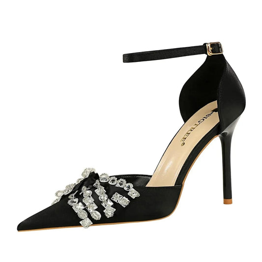 Summer Sandals Women Luxury Silk Satin Rhinestone Bowknot Buckle Shoes Pointed-toe Wrap-toe High Heels Sandals For Ladies Dating