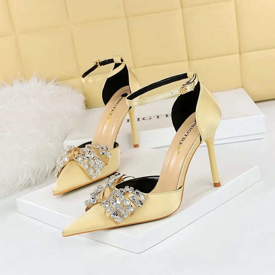 Summer Sandals Women Luxury Silk Satin Rhinestone Bowknot Buckle Shoes Pointed-toe Wrap-toe High Heels Sandals For Ladies Dating