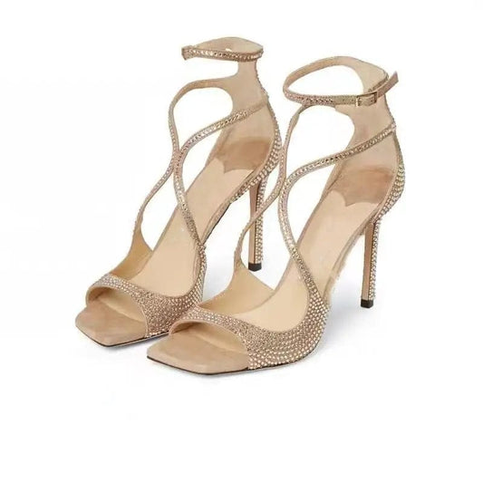Summer Sandals Women Sexy Rhinestone Decor Mujer Zapatos Ankle Strap Large Size High Heel Sandals For Ladies Nightclub Sandalias