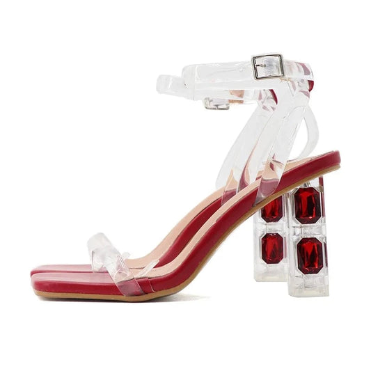 Summer Sandals Women Simple Square-toe Shoes Transparent Ankle Strap Hollow Out High Heel Sandals Ladies Outdoor Nightclub Shoes