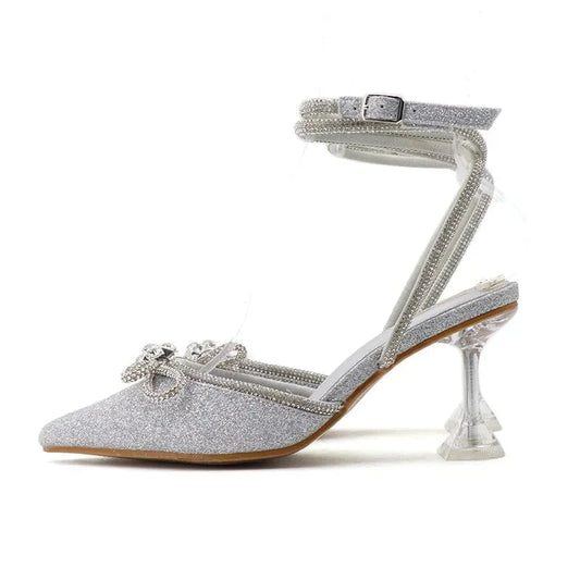 Summer Sandals Women Top Sell Rhinestone Bowknot Sequined Decor Shoes Wrap-toe Lace Up Thin Heels Sandals For Ladies Dating Shoe
