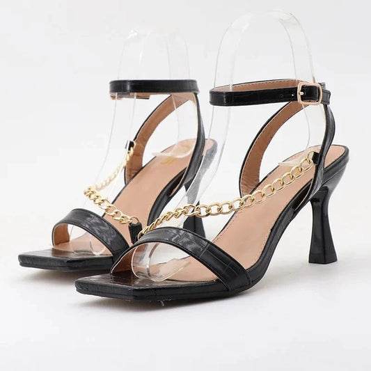 Summer Sandals Women Versatile Metal Chain Decor Open-toe Shoes Side Hollow Out Ankle Strap High Heel Sandals Ladies Dating Shoe