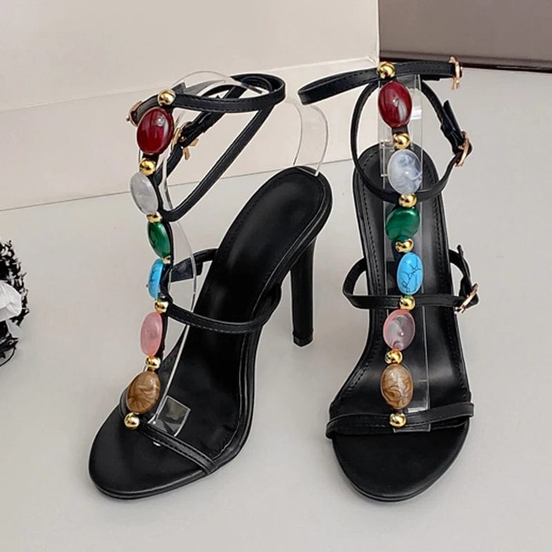 Summer Sexy Ankle Strap Open Toe Party Fashion String Bead Women's Shoes High Heels Sandals Buckle Strap Sandalias Mujer 2024