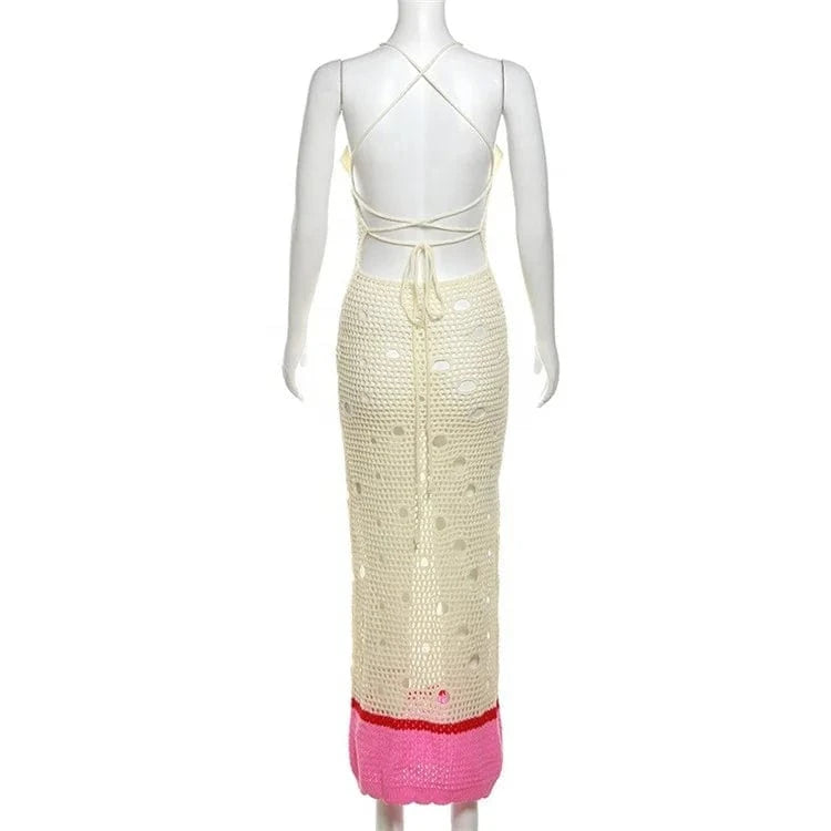 Summer Sexy Apricot Knitted Long Dresses Beach Outfits For Women 2024 Hollow Out Halter Maxi Dress Bandage Vacation Dress