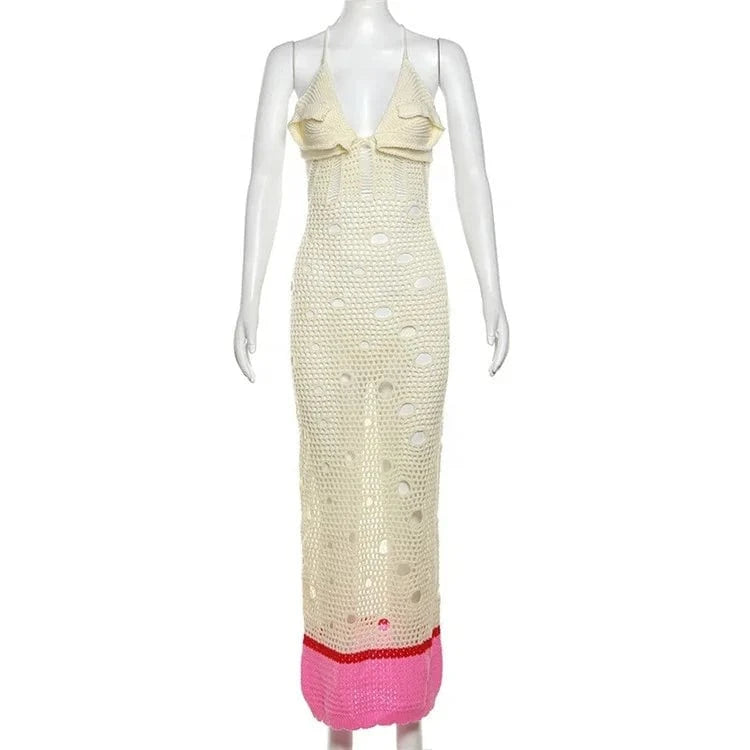 Summer Sexy Apricot Knitted Long Dresses Beach Outfits For Women 2024 Hollow Out Halter Maxi Dress Bandage Vacation Dress